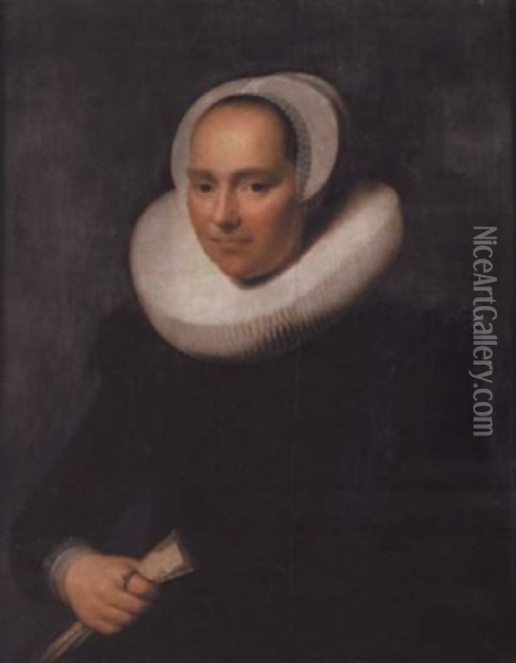 Portrait Of A Lady In A Black Dress With A Ruff And A Lace Cap, Holding A Glove Oil Painting - Michiel Janszoon van Mierevelt