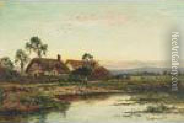 Riverside Cottages, Evening Oil Painting - Daniel Sherrin