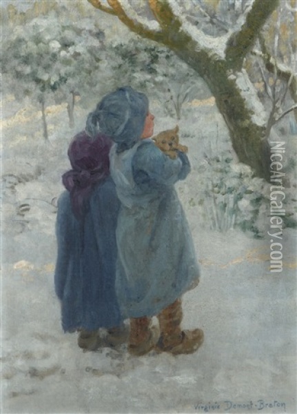 Petits Enfants Et Leur Chien Sosu La Neige Oil Painting - Virginie Demont-Breton
