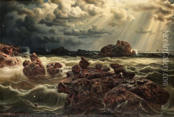 Kustlandskap Med Fartyg Vid Horisonten Oil Painting - Marcus Larson