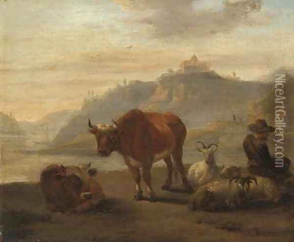A river landscape with cattle and a shepherd and his flock in the foreground Oil Painting - Karel Dujardin