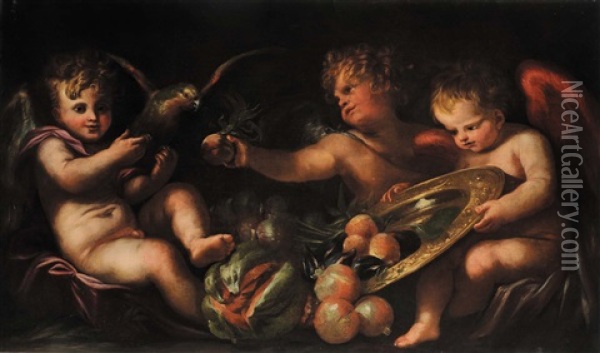 Putti Con Frutta E Pappagallo Oil Painting - Domenico Piola
