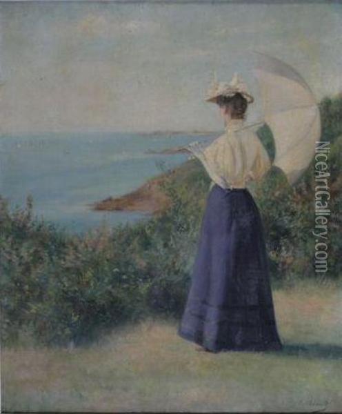 Jeune Femme A L'ombrelle Regardant La Mer Oil Painting - Henri Benard