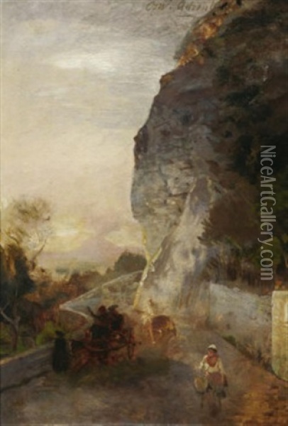 Abendstimmung Auf Der Uferstrase Bei Neapel. Im Hintergrund Blick Auf Den Vesuv Oil Painting - Oswald Achenbach