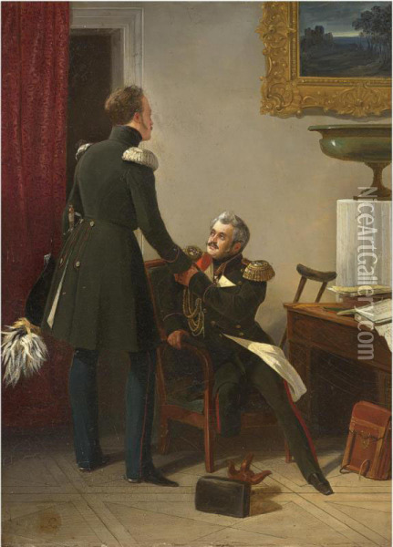 Nicolas I Visiting Adjutant General Sukhozanet Oil Painting - Adolphe Ladurner