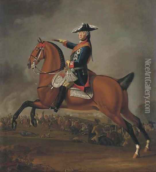 An equestrian portrait of Fredrick II of Prussia (1712-1786) Oil Painting - Edward Francis (Francesco Calza) Cunningham