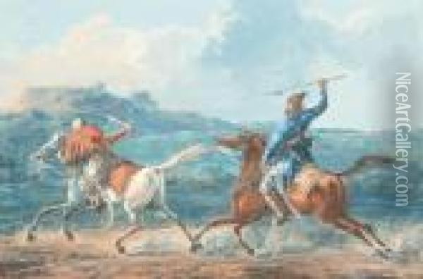 Afshar - A Persian Horseman Pursuing A Turk Oil Painting - Alexander Ossipovitch Orlovsky