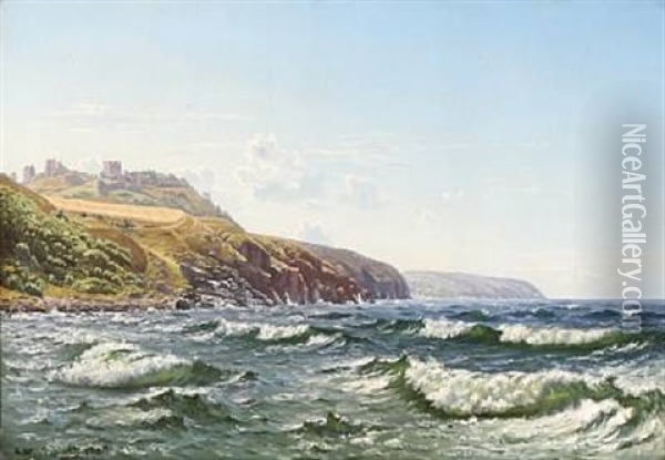 Coastal Scene From Bornholm With Hammershus In The Background Oil Painting - Johannes Herman Brandt