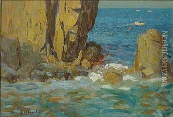 Fishing Boat Off The Rocky Coast Of Catalina Oil Painting - Granville Redmond
