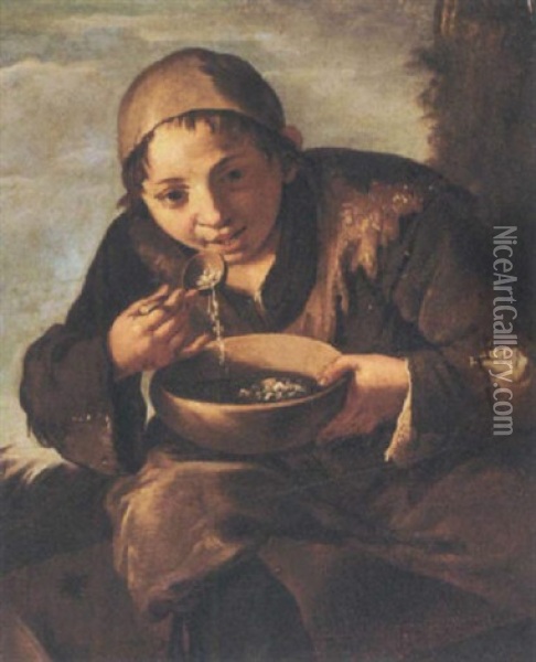 A Seated Young Boy Eating Soup Oil Painting - Giovanni Battista Todeschini