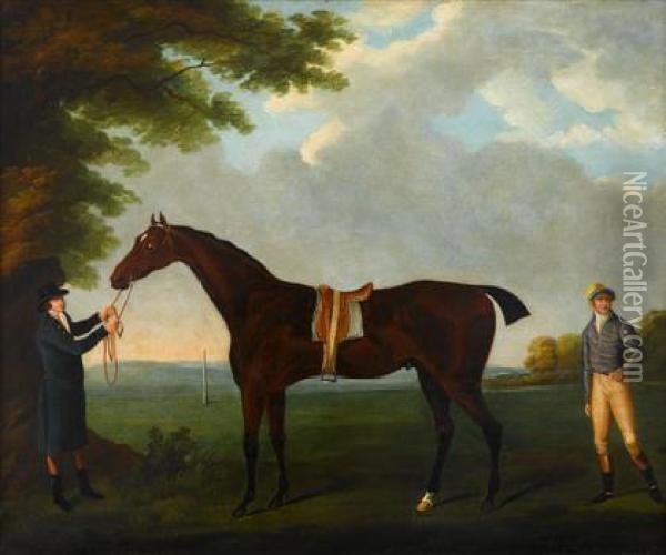 'diamond,' Held By A Groom, With His Jockey Dennis Fitzpatrick, In A Landscape Oil Painting - John Nost Sartorius