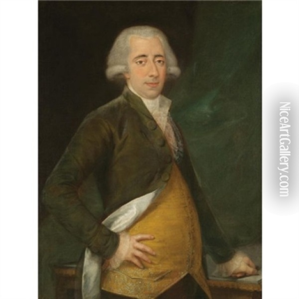 Portrait Of A Gentleman, Three Quarter Length, Wearing A Yellow Waistcoat And Green Coat Oil Painting - Agustin Esteve Y Marques