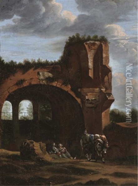 An Italianate Landscape With Travellers At Rest By A Classical Arch Oil Painting - Jan Asselijn
