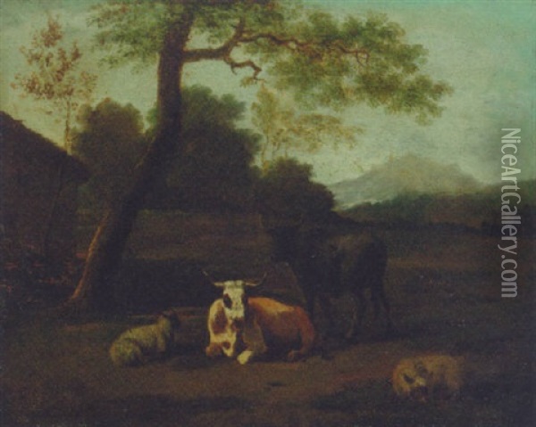 Cattle With Sheep In A Landscape Oil Painting - Simon van der Does