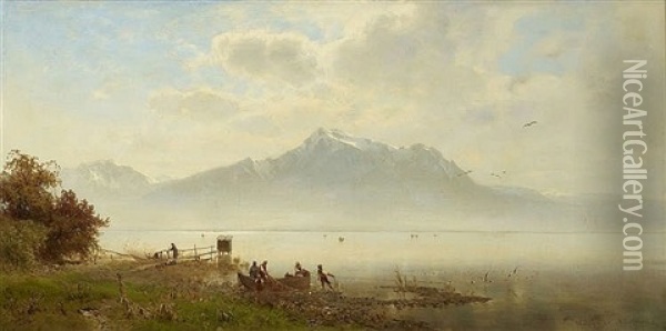 Weite Uferlandschaft Am Chiemsee Oil Painting - Joseph Wopfner