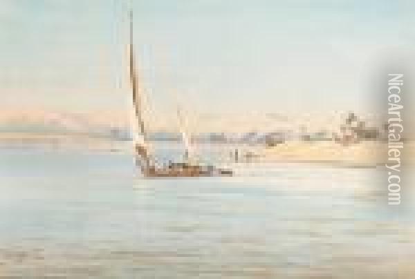 Dhows By The Banks Of The Nile Oil Painting - Augustus Osborne Lamplough