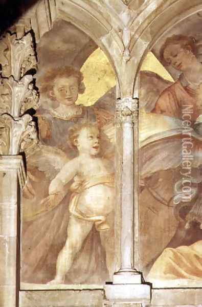 Musical angels within a trompe loeil cloister, detail of a singing cherub, from the interior west facade Oil Painting - Santi Di Tito