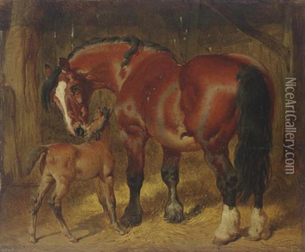 A Mare With Her Foal In A Stable Oil Painting - John Frederick Herring Snr