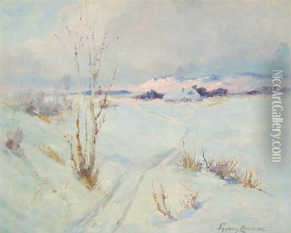 Winter Landscape At Dusk With A Snow Covered Cabin And Mountains In The Distance Oil Painting - Sydney Mortimer Laurence