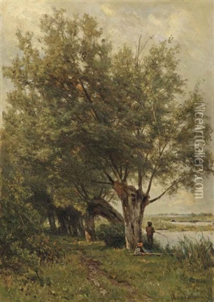 Fishing Under The Willows Oil Painting - Jan Willem Van Borselen