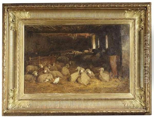 Flock Of Sheepin A Stable Oil Painting - Albert Heinrich Brendel