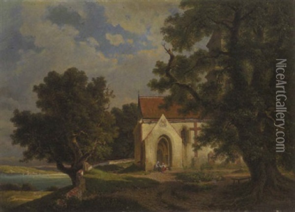 Gotische Kapelle Am Ufer Eines Gebirgssees Oil Painting - Hermann Herdtle