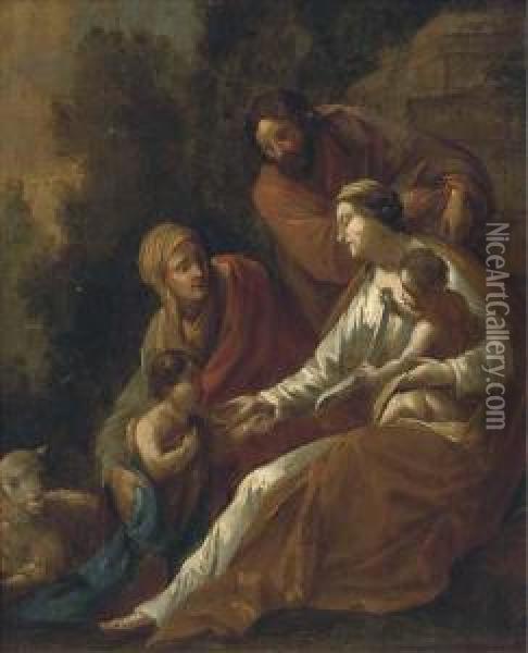 The Holy Family With Saint Elizabeth And The Infant Saint John Thebaptist Oil Painting - Eustache Le Sueur