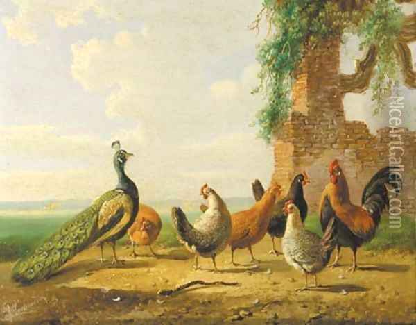 Poultry by ruined walls 2 Oil Painting - Albertus Verhoesen