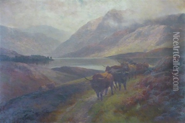 Highland Cattle In A Misty River Landscape 'loch Katrine' Oil Painting - Henry Robinson Hall