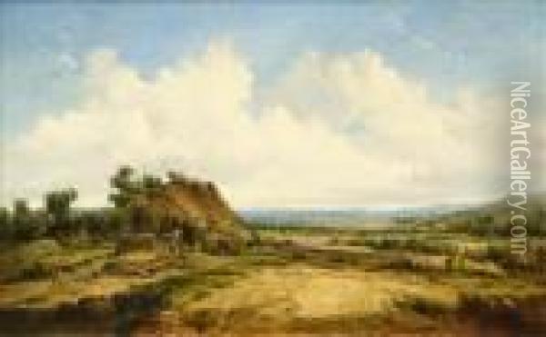 An Extensive Landscape With Cottages Oil Painting - Alfred Vickers
