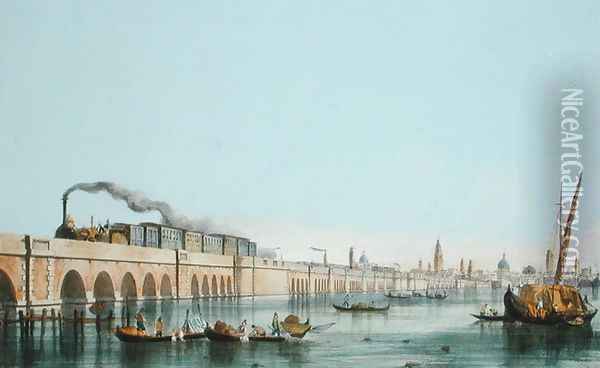 Bridge over the Lagoon, from Views of Principal monuments in Venice, published c.1850 Oil Painting - Pividor, Giovanni