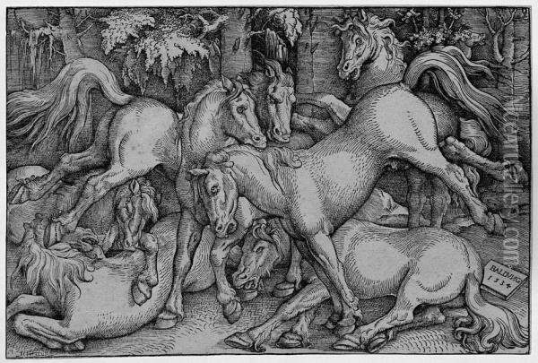Kampfende Pferde Oil Painting - Hans Baldung Grien