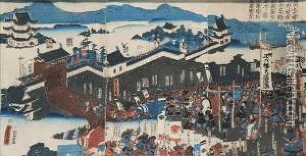 L'armee Minamoto Sous Les Ordres De Yoshitsune A L'assaut 
De La Forteresse Taira D'ich-no-tani En Oil Painting - Utagawa Yoshitora