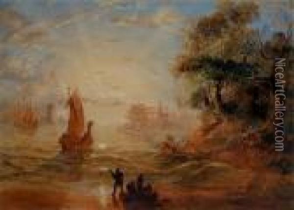 A Romantic Harbour Scene At Sunset Oil Painting - Claude Lorraine Nursey