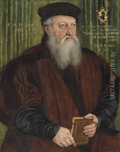 Portrait Of A Martin Klostermair (b. 1502), Aged 60, Half-length, In A Brown Coat And Black Hat, Holding A Book Oil Painting - Hans Mielich