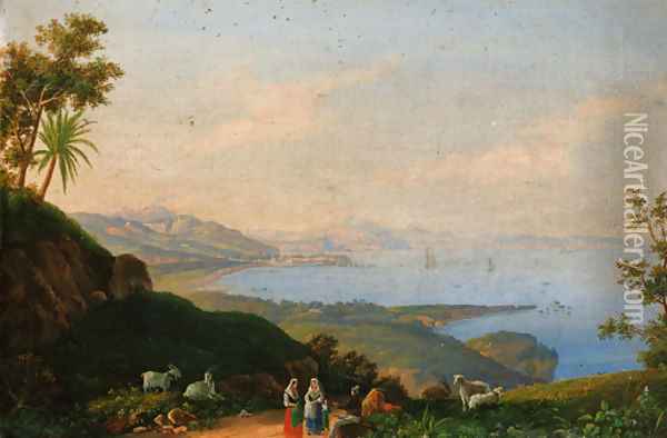 Figures conversing on a track, the Neopolitan coast beyond Oil Painting - Italian School