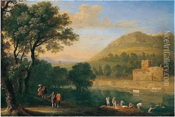 An Italianate River Landscape With Figures Bathing Oil Painting - Herman Van Swanevelt