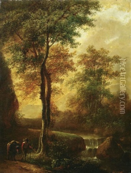 Wanderer Mit Seinem Esel Auf Dem Weg Am Waldbach Oil Painting - Jan Wils
