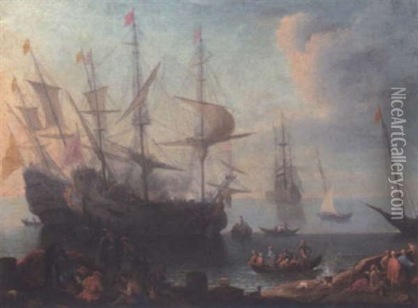 View Of A Mediterranean Harbour Oil Painting - Adrien Manglard