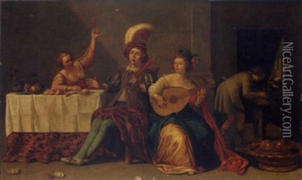 An Elegant Company Playing Music And Merrymaking In An Interior Oil Painting - Jan Van Bijlert