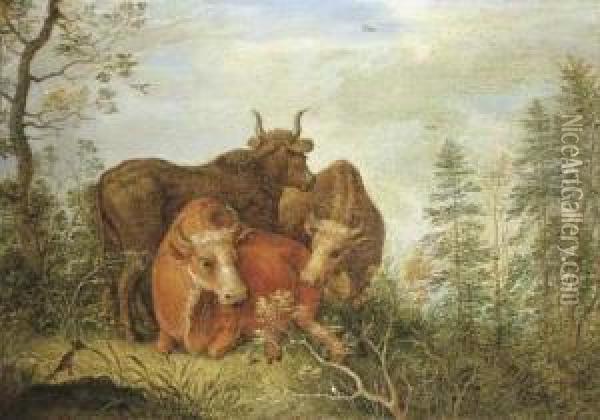A Wooded Landscape With Cattle In A Clearing Oil Painting - Gillis Claesz De Hondecoeter