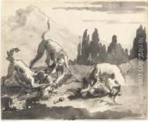 Dogs Attacking Chickens In A Landscape Oil Painting - Giovanni Domenico Tiepolo