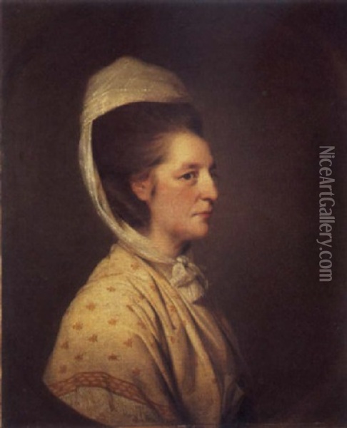 Portrait Of A Lady In A Cream Coloured Gold Embroidered Shawl And White Headdress Oil Painting - John Hamilton Mortimer
