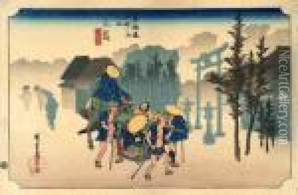 Les 53 Stations Du Tokaido, Mishima, Asagiri Oil Painting - Utagawa or Ando Hiroshige