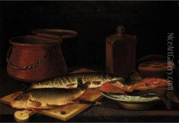 A Still Life Of Freshwater Fish 
On A Chopping Board, Filleted Fish In A Porcelain Dish, A Copper Urn And
 Earthenware Vessels Oil Painting - Pieter Van Boucle