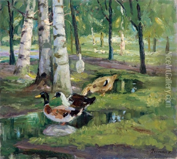 Enten Am Weiher Im Birkenwald Oil Painting - Karoly Ferenczy