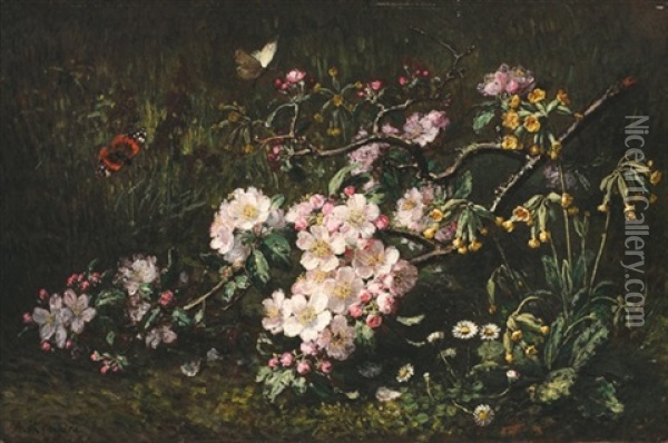 Fleurs De Pommier, Coucous Et Papillon Oil Painting - Alexis Kreyder