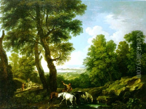 Extensive Landscape With A Peasant Watering Horses Oil Painting - Andrea Locatelli