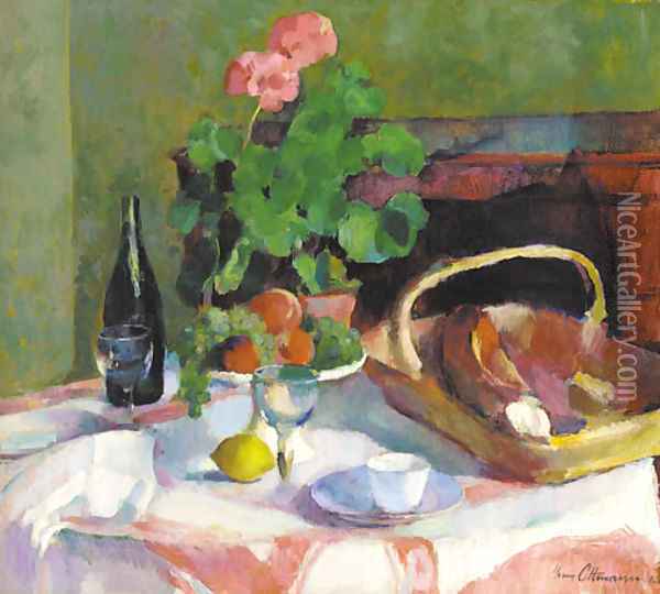 Un geranium en pot avec des fruits, du pain et une bouteille de vin sur la table Oil Painting - Henri Ottmann