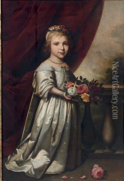 Portrait De Jeune Fille Tenant Une Corbeille De Fleurs Oil Painting - Wybrand Simonsz de Geest the Elder